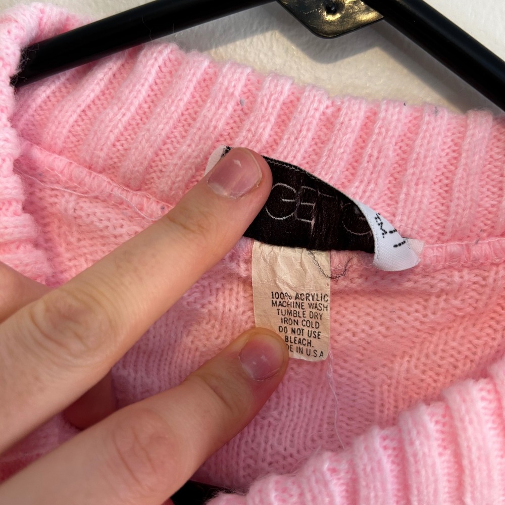 Vintage Stagelight Pink Geometric Textured Knit Elbow Sleeve Sweater Top USA - Picture 4 of 8